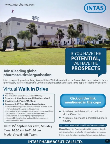 Intas Pharmaceutical Ltd. – Virtual Walk-in Drive | 15 September 2025 2 Intas Pharmaceutical Ltd. – Virtual Walk-in Drive | 15 September 2025