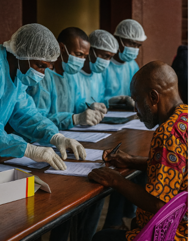 Healthcare Workers Conducting Screening and Documentation During Marburg Virus Outbreak Response