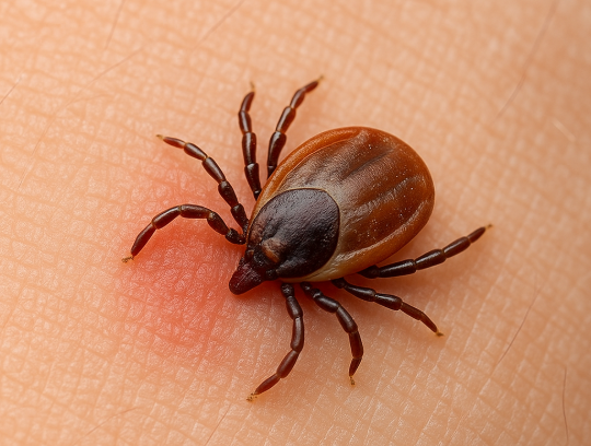 Tick bite on human skin showing local redness and inflammation