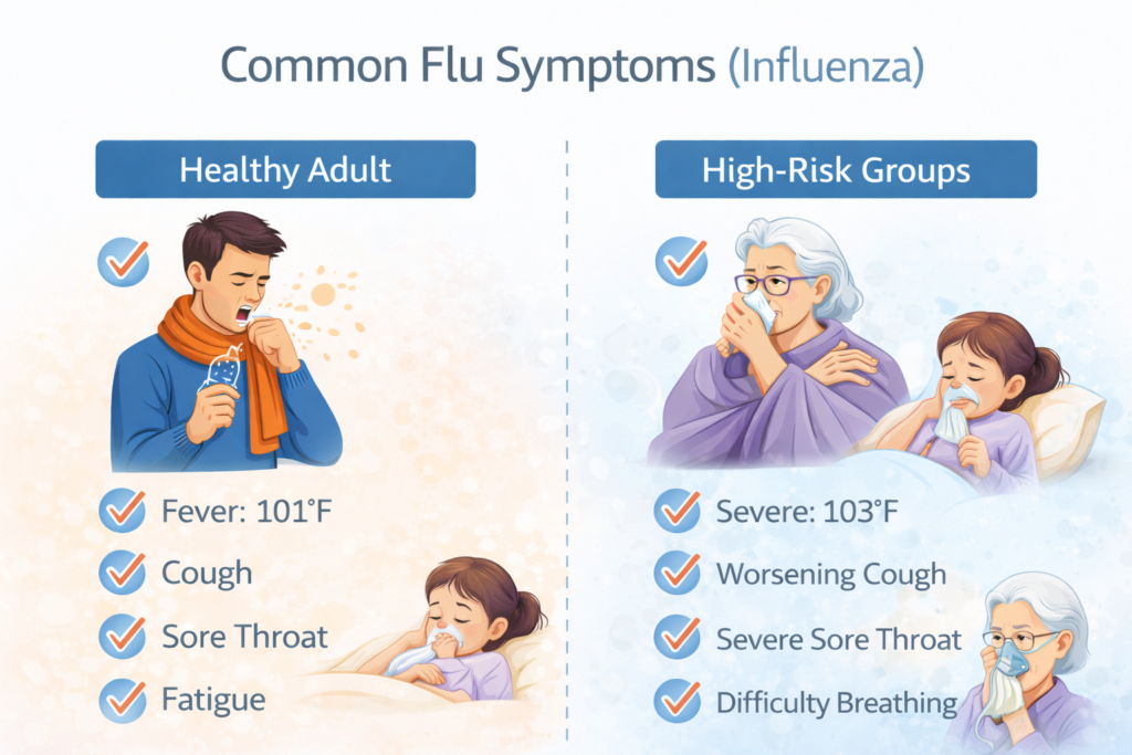 Medical infographic showing flu symptoms in healthy adults compared with severe symptoms in high-risk groups such as elderly and children