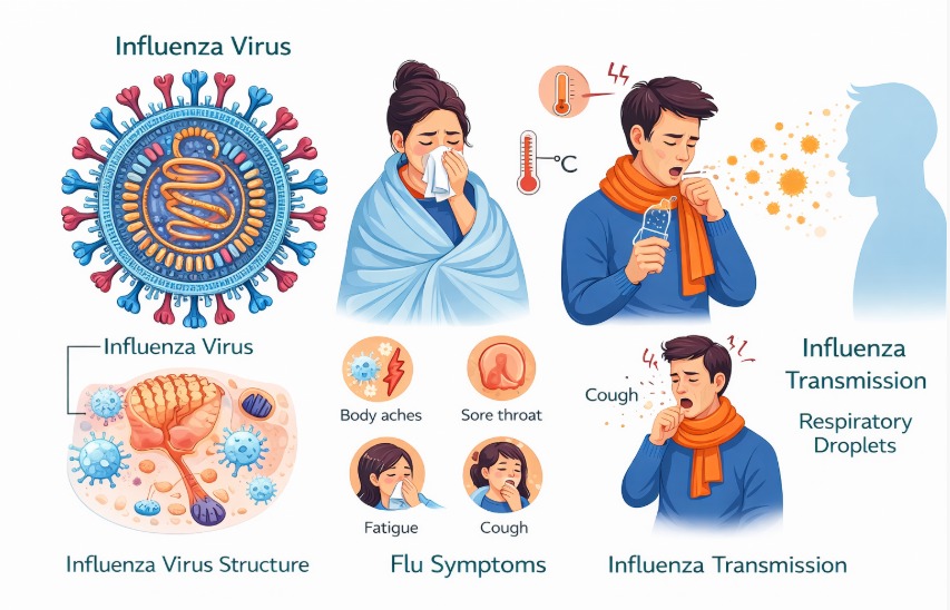 Influenza virus illustration showing virus structure, flu symptoms, and respiratory droplet transmission