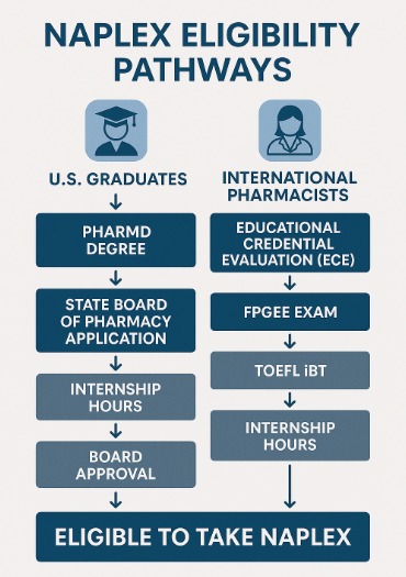 NAPLEX eligibility pathways for U.S. pharmacy graduates and international pharmacists, including PharmD, ECE, FPGEE, TOEFL, internship hours, and board approval.