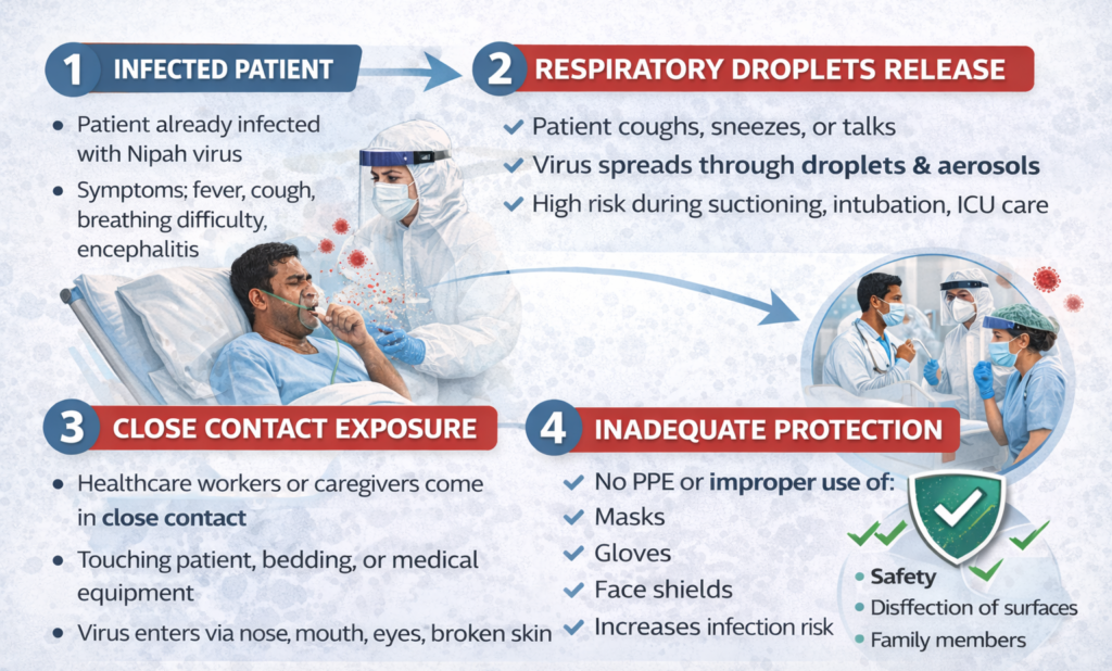 Infographic illustrating human-to-human transmission of Nipah virus through close contact, respiratory secretions, and body fluid exposure in healthcare settings.