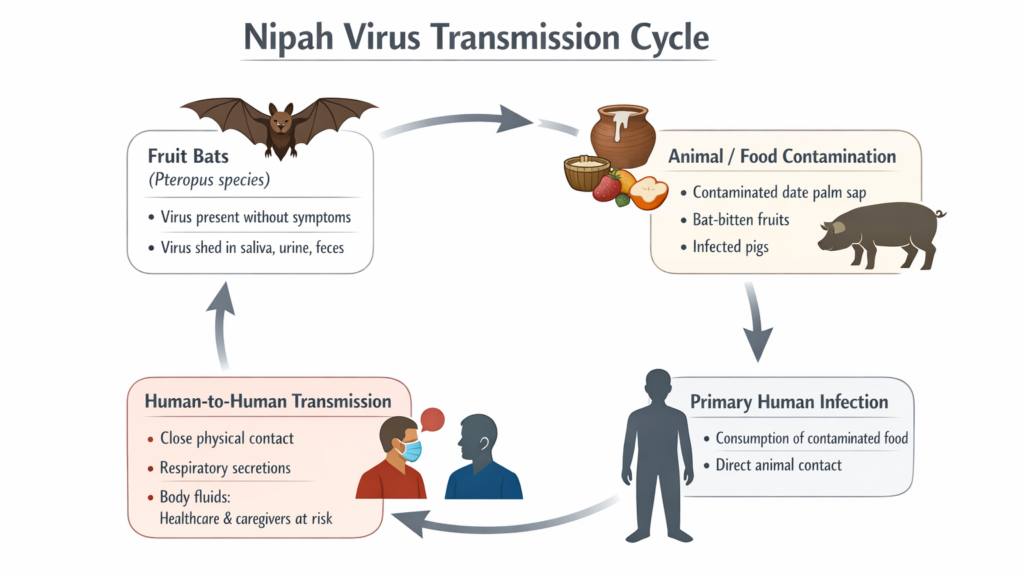 Nipah virus transmission cycle showing fruit bats as natural reservoirs, spillover through contaminated food and animals, and subsequent human-to-human transmission.