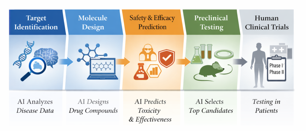 AI-driven drug discovery workflow showing target identification, molecule design, safety prediction, preclinical testing, and human clinical trials