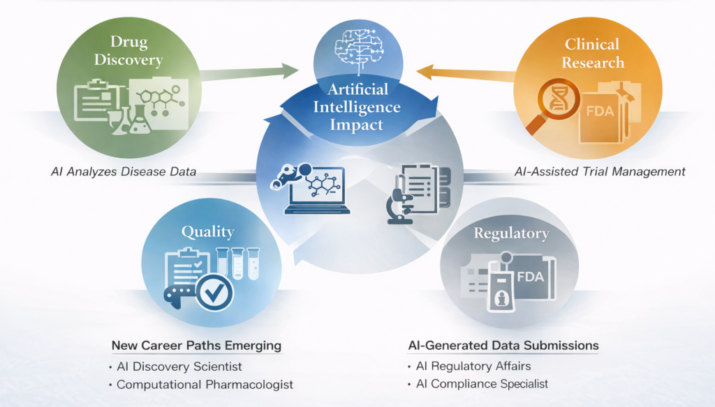 Artificial intelligence transforming pharmaceutical industry roles across drug discovery, quality, clinical research, and regulatory functions
