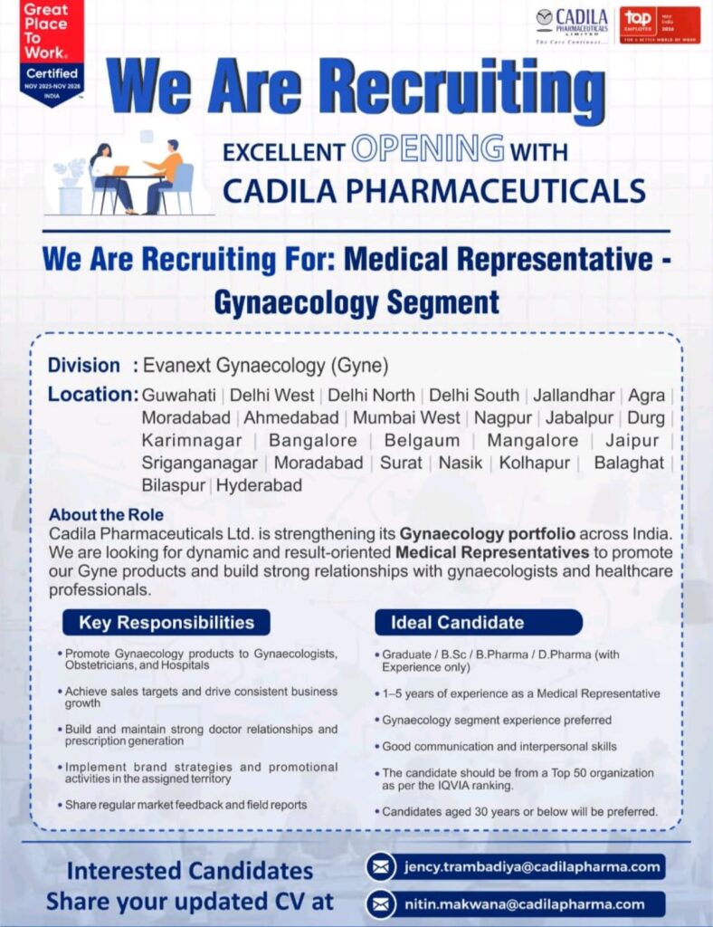 Cadila Pharmaceuticals hiring Medical Representative for Gynecology segment across multiple locations in India.