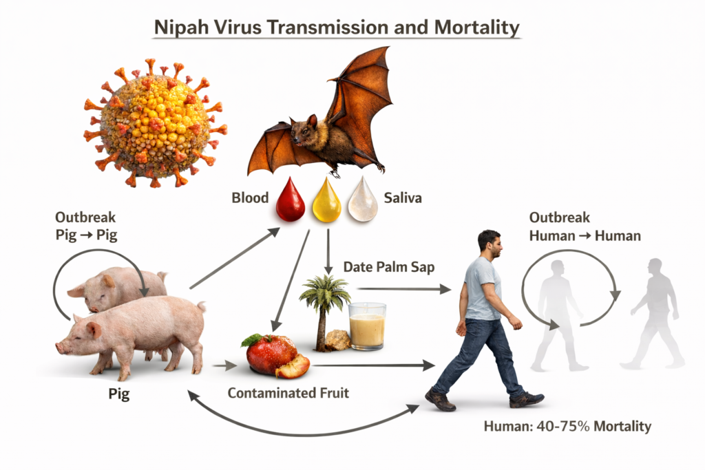 Nipah virus transmission pathway from fruit bats to humans through contaminated fruits and human contact.