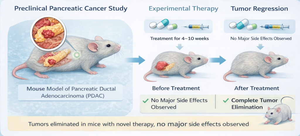 Preclinical pancreatic cancer mouse study showing tumor elimination after experimental therapy