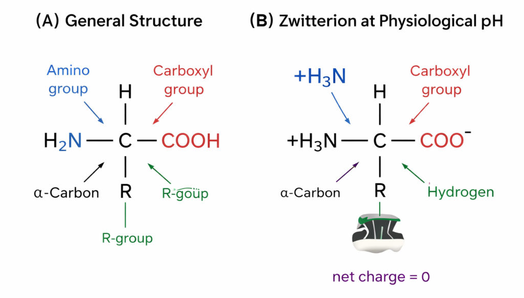 General amino acid structure showing amino group, carboxyl group, alpha carbon, R group, and zwitterion form at physiological pH