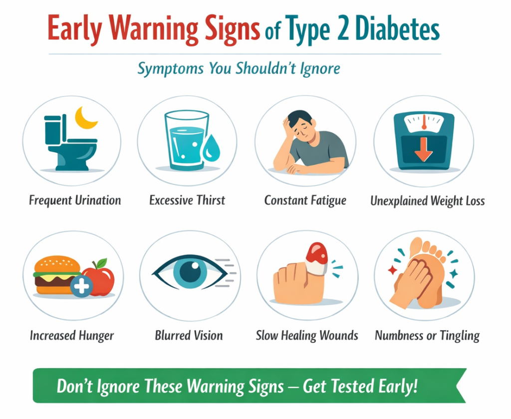 Early warning signs of type 2 diabetes including frequent urination, excessive thirst, fatigue, blurred vision, slow healing wounds, and numbness