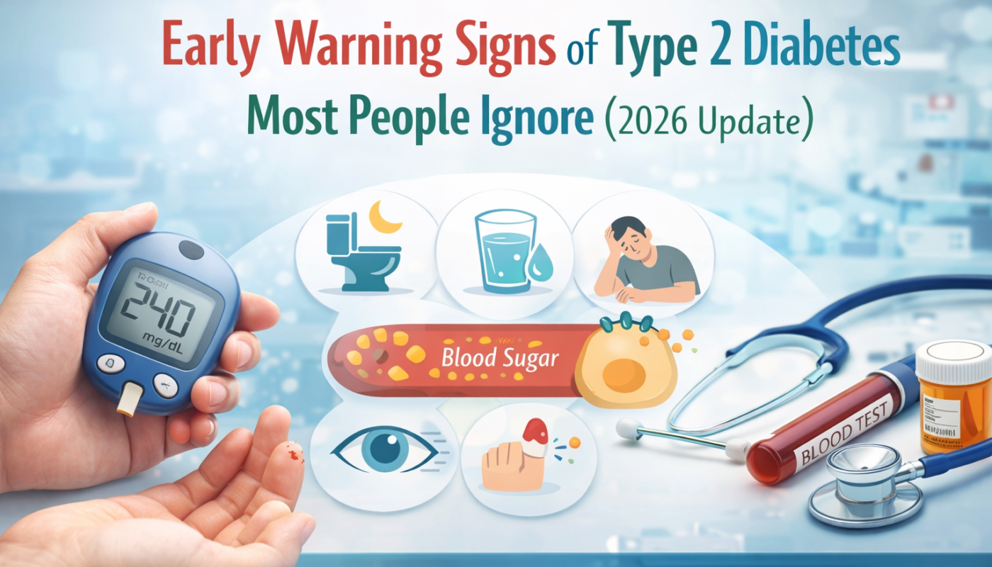 Early warning signs of type 2 diabetes including high blood sugar reading and common diabetes symptoms illustration