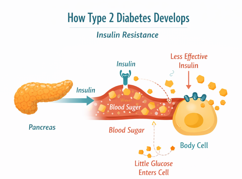 Diagram explaining insulin resistance in type 2 diabetes showing pancreas releasing insulin, elevated blood sugar, and reduced glucose entry into body cells
