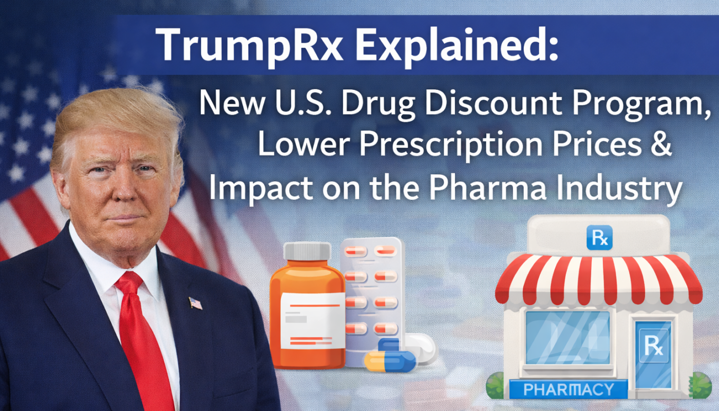 Featured image showing U.S. President Donald Trump alongside pharmacy and prescription drug visuals, representing the TrumpRx drug discount program and its impact on prescription prices and the pharmaceutical industry.