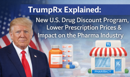 Featured image showing U.S. President Donald Trump alongside pharmacy and prescription drug visuals, representing the TrumpRx drug discount program and its impact on prescription prices and the pharmaceutical industry.
