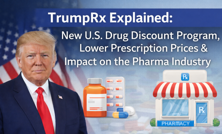 Featured image showing U.S. President Donald Trump alongside pharmacy and prescription drug visuals, representing the TrumpRx drug discount program and its impact on prescription prices and the pharmaceutical industry.