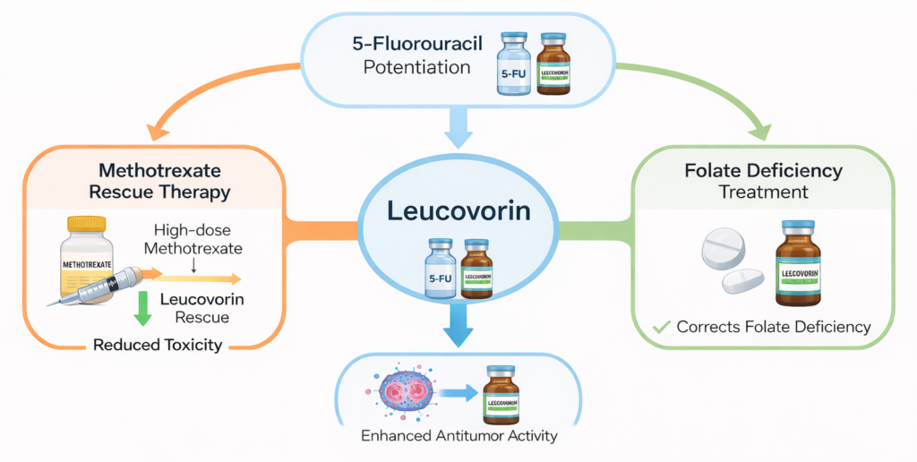 Clinical applications of leucovorin including methotrexate rescue therapy, 5-fluorouracil potentiation, and folate deficiency treatment